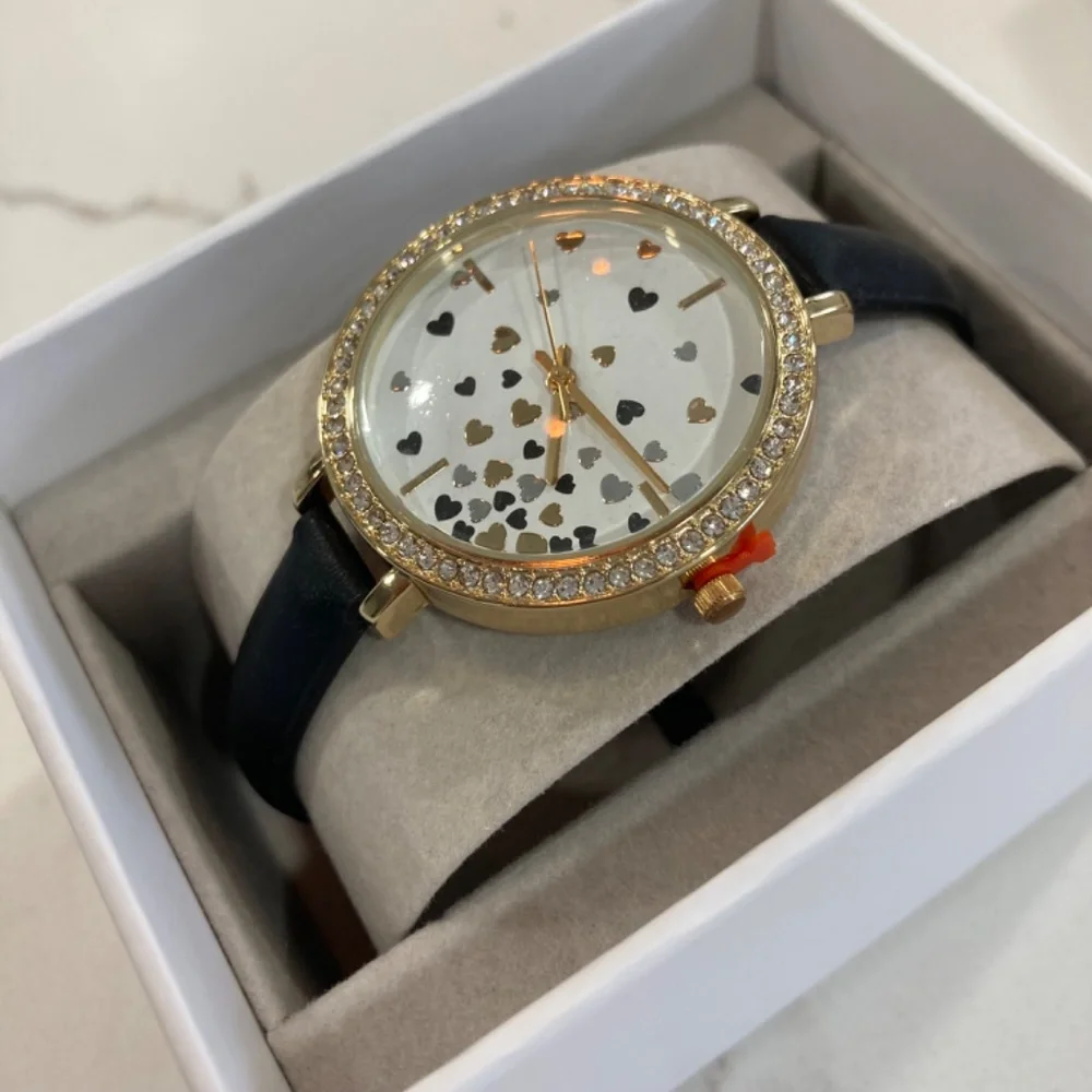 Ann Taylor Factory Crystal Heart Print Black Leather Band Watch